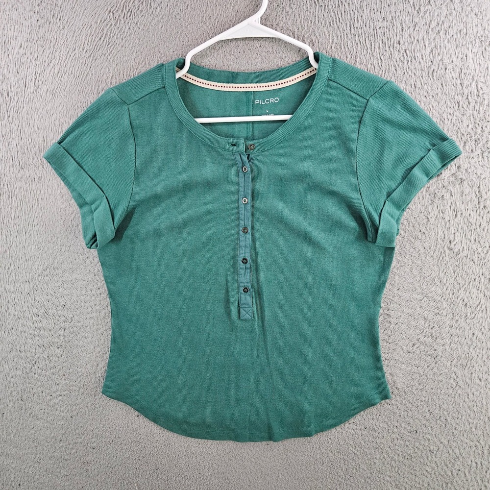 Pilcro Womens Green Ribbed Henley Short Sleeve Cuffed Top Large